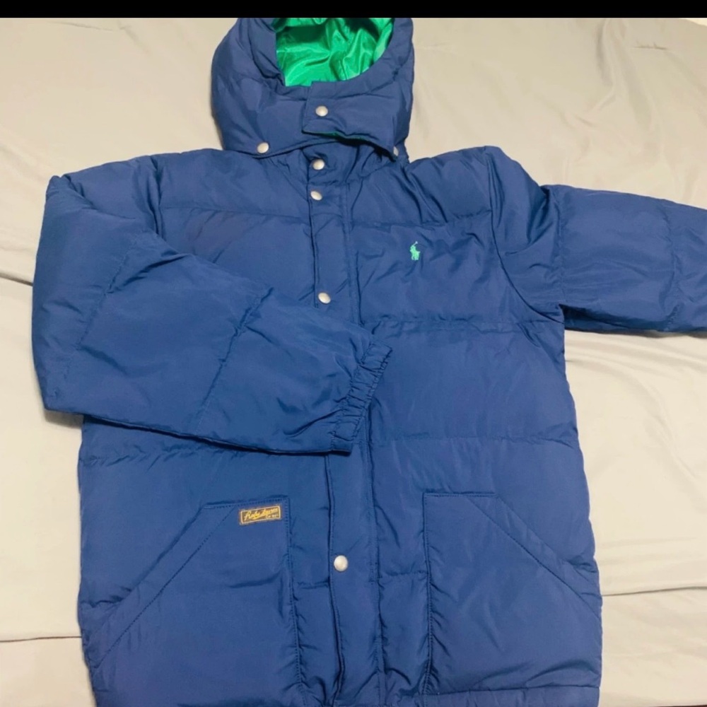 Ralph Lauren Blue Puffy Hooded Kids Jacket with Green Lining